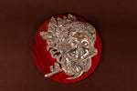 Load image into Gallery viewer, Pure silver Krishna Ji sculpture on wooden frame, detailed craftsmanship, from Rasava Jewels, religious decorative art.