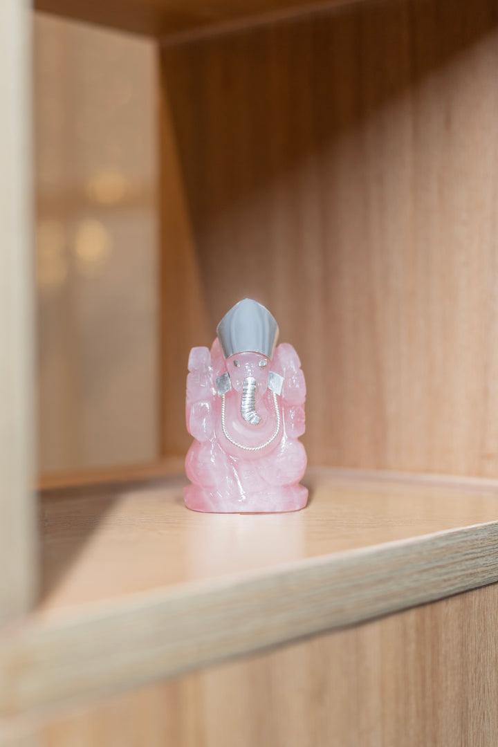 Natural Rose Quartz Ganesh ji with silver