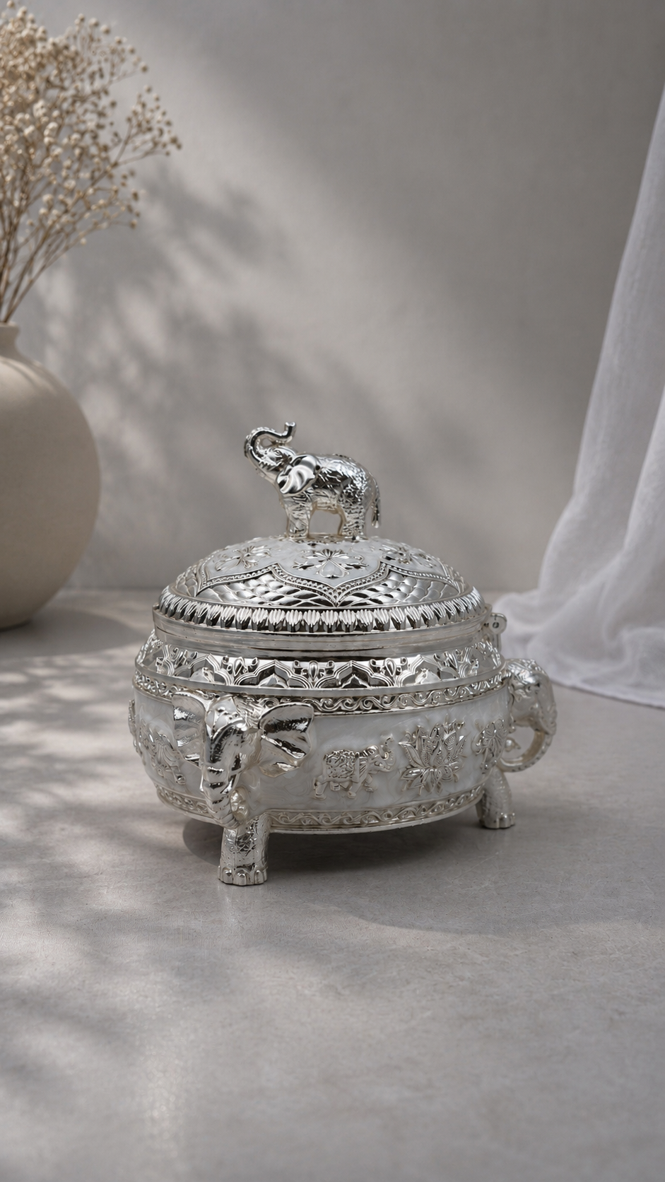 German Silver Elephant Round Sugar Box with White Enamel