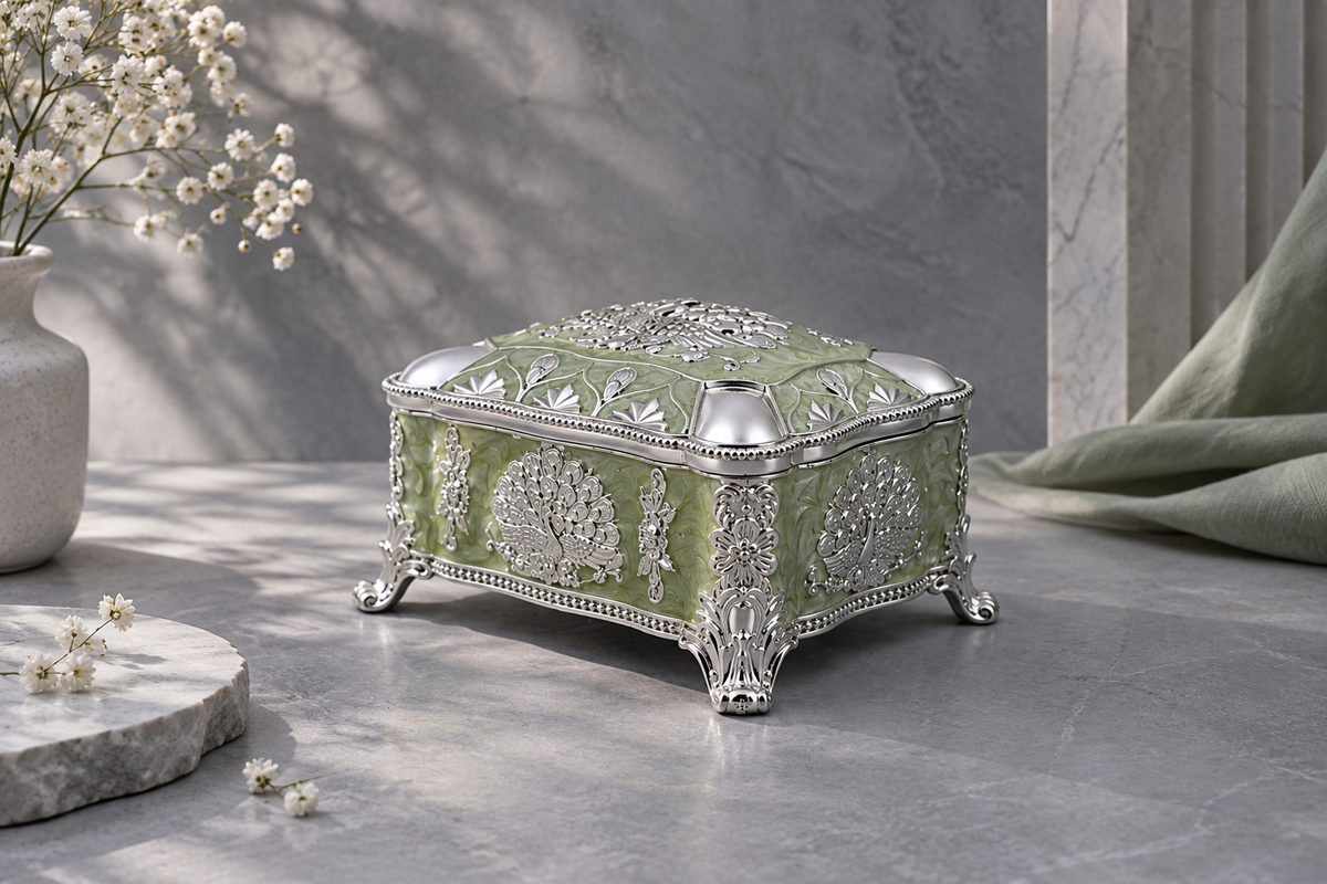Premium German Silver Peacock Jewellery Box Rectangular