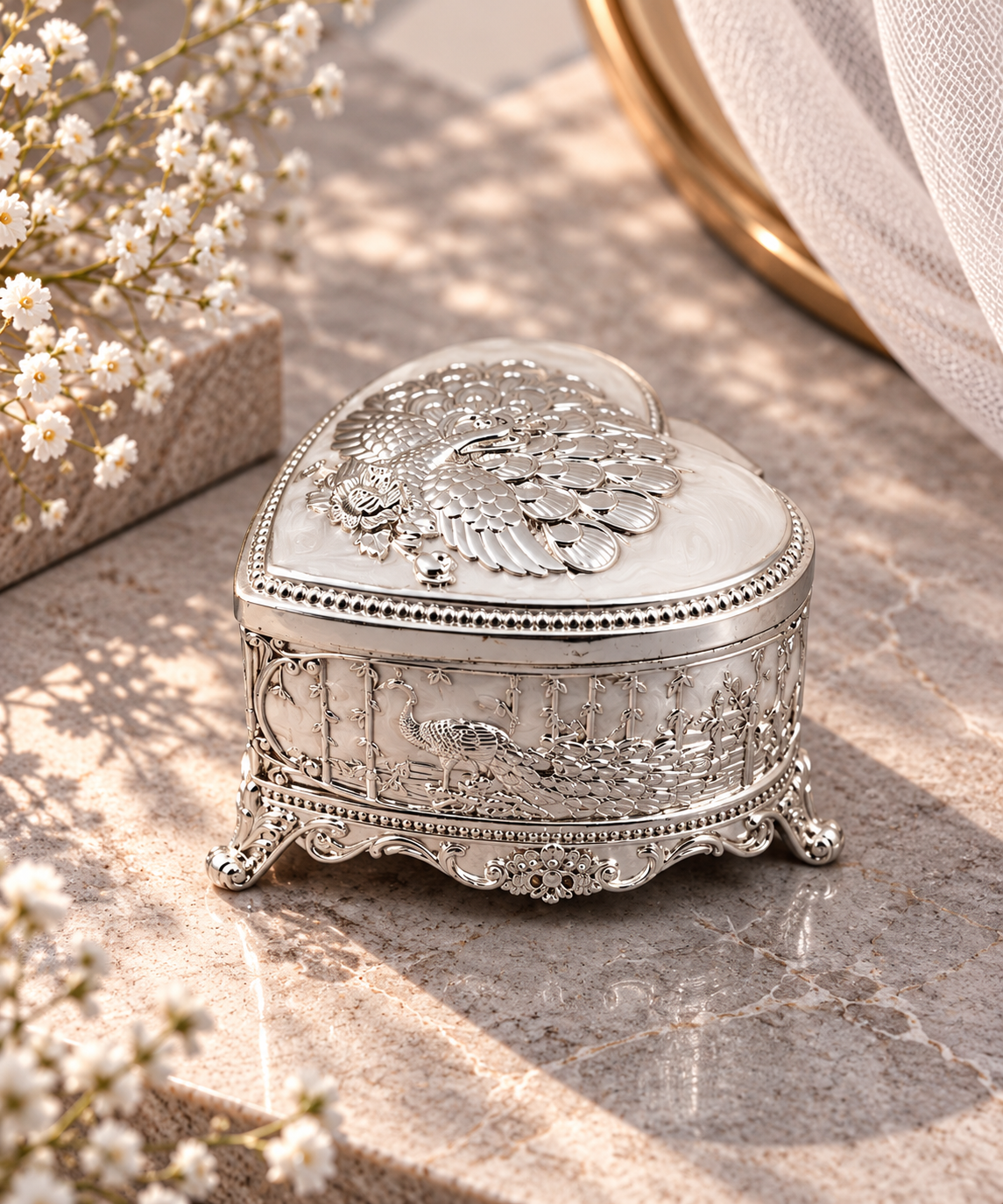 Premium German Silver Heart-Shaped Peacock Jewellery Box