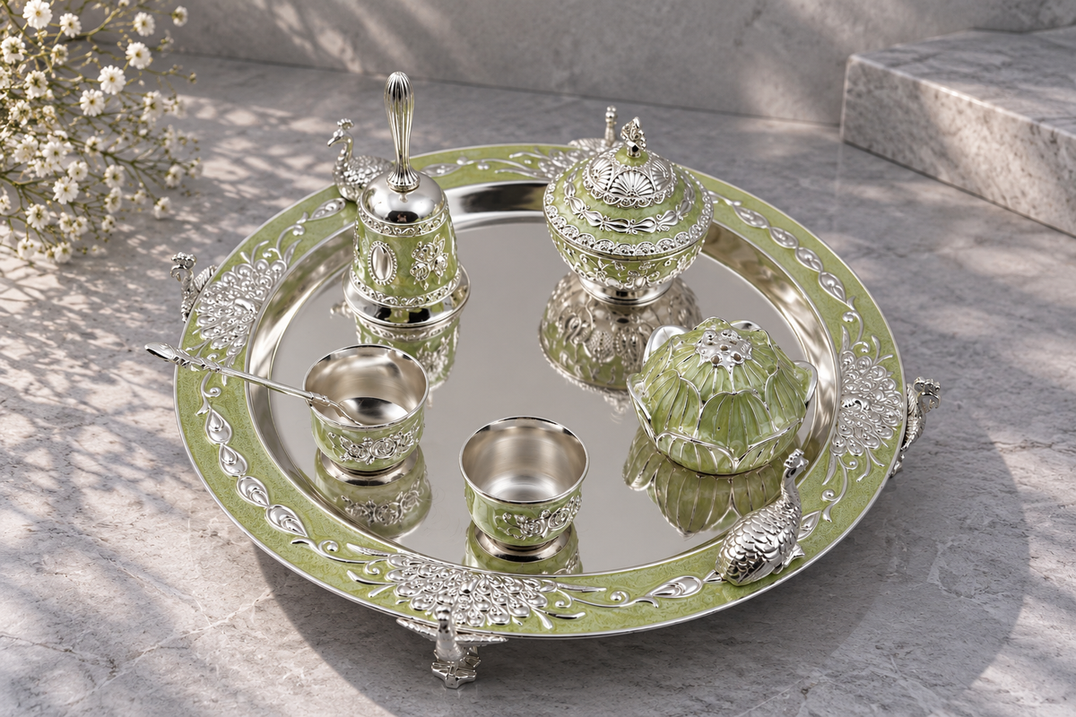 Premium German Silver Pooja Thali Set with Green Enamel