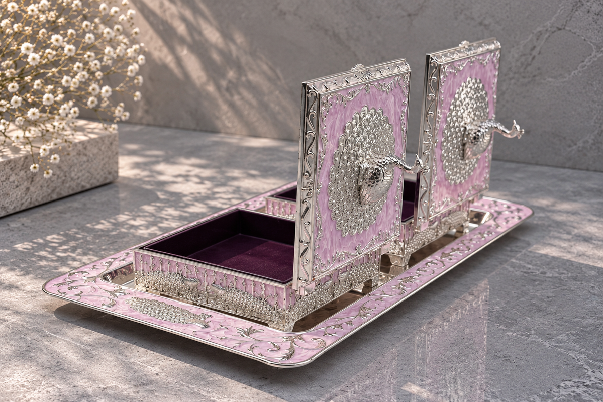 Premium German Silver Tray with Two Dry Fruit Boxes