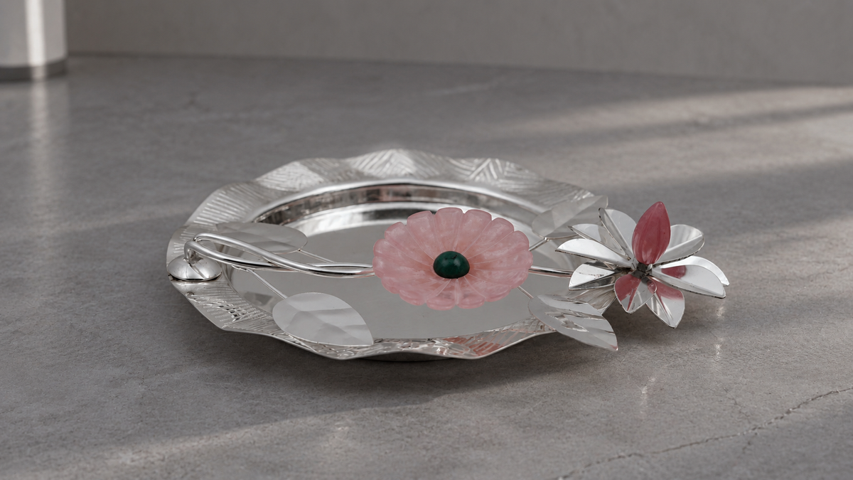 Premium German Silver Round Tray with Stone Artwork