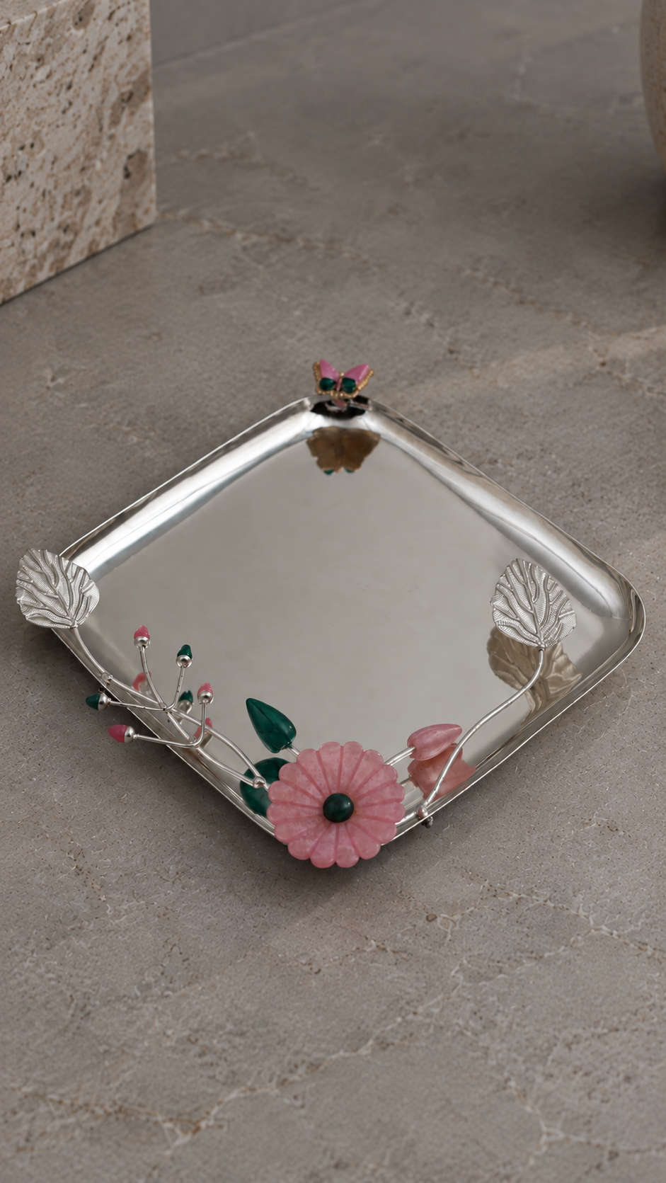 Premium German Silver Square Tray with Stone Artwork