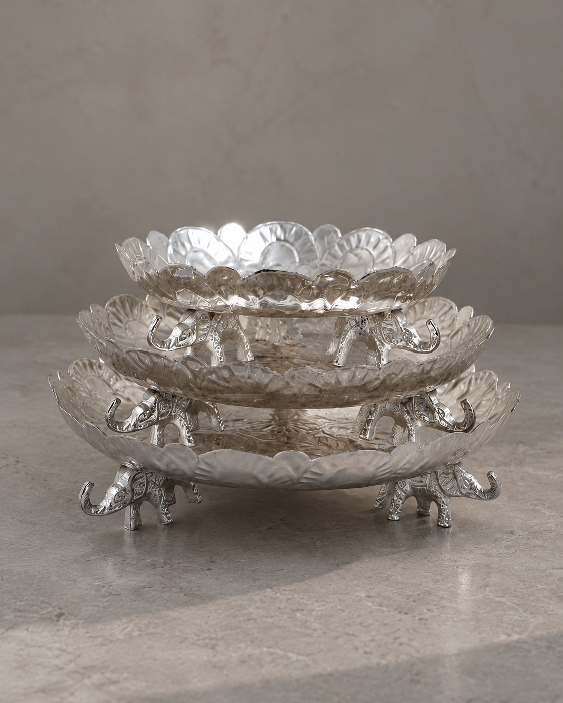 Premium German Silver Elephant Platter Set of 3