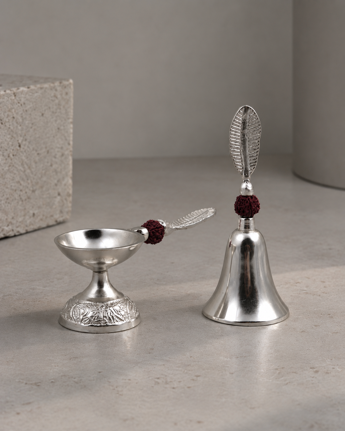 Premium German Silver Diya and Bell Set