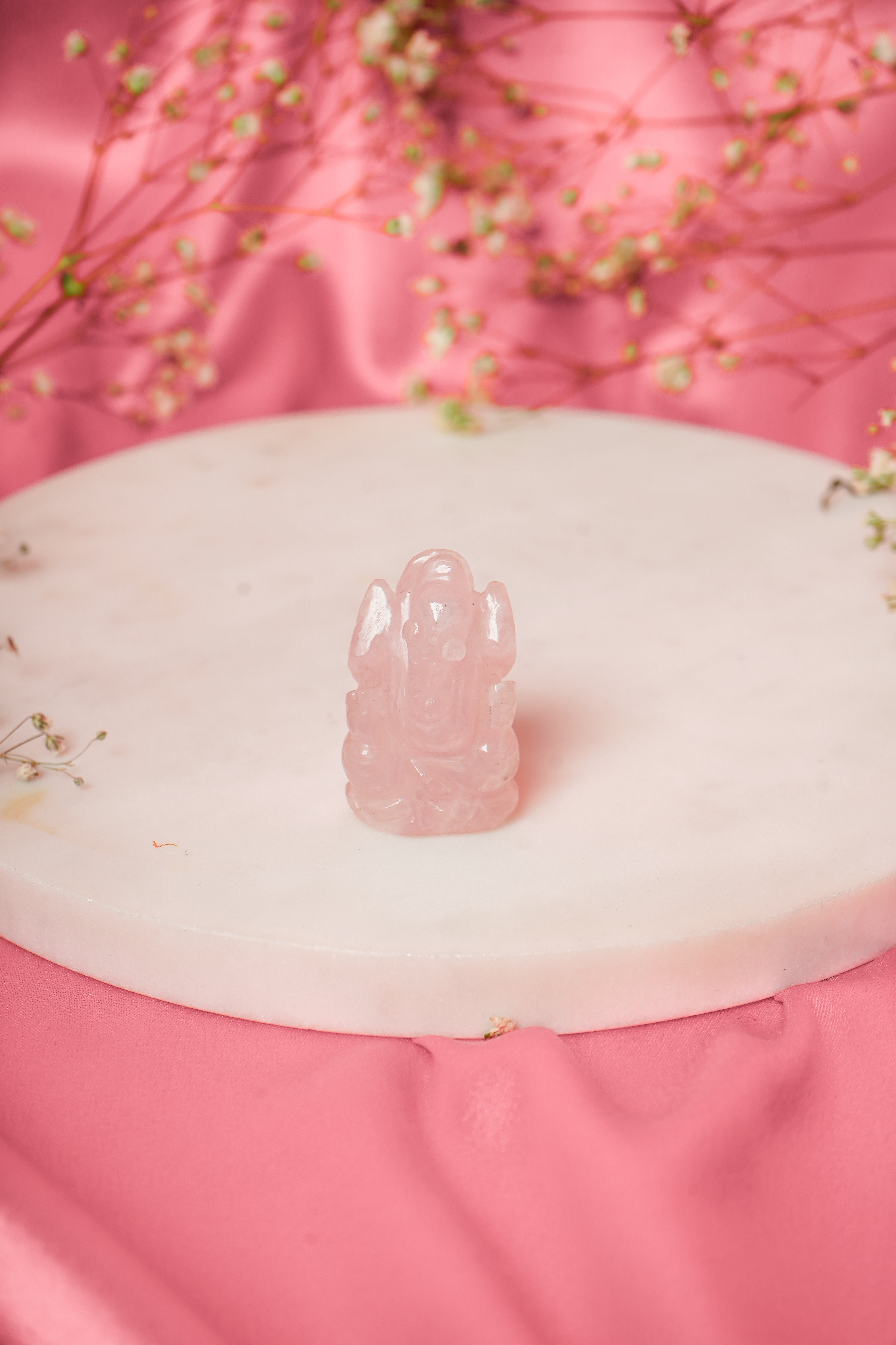Natural rose quartz Ganesh ji statue, intricately carved Hindu deity figurine with pink gemstone, from My Store.