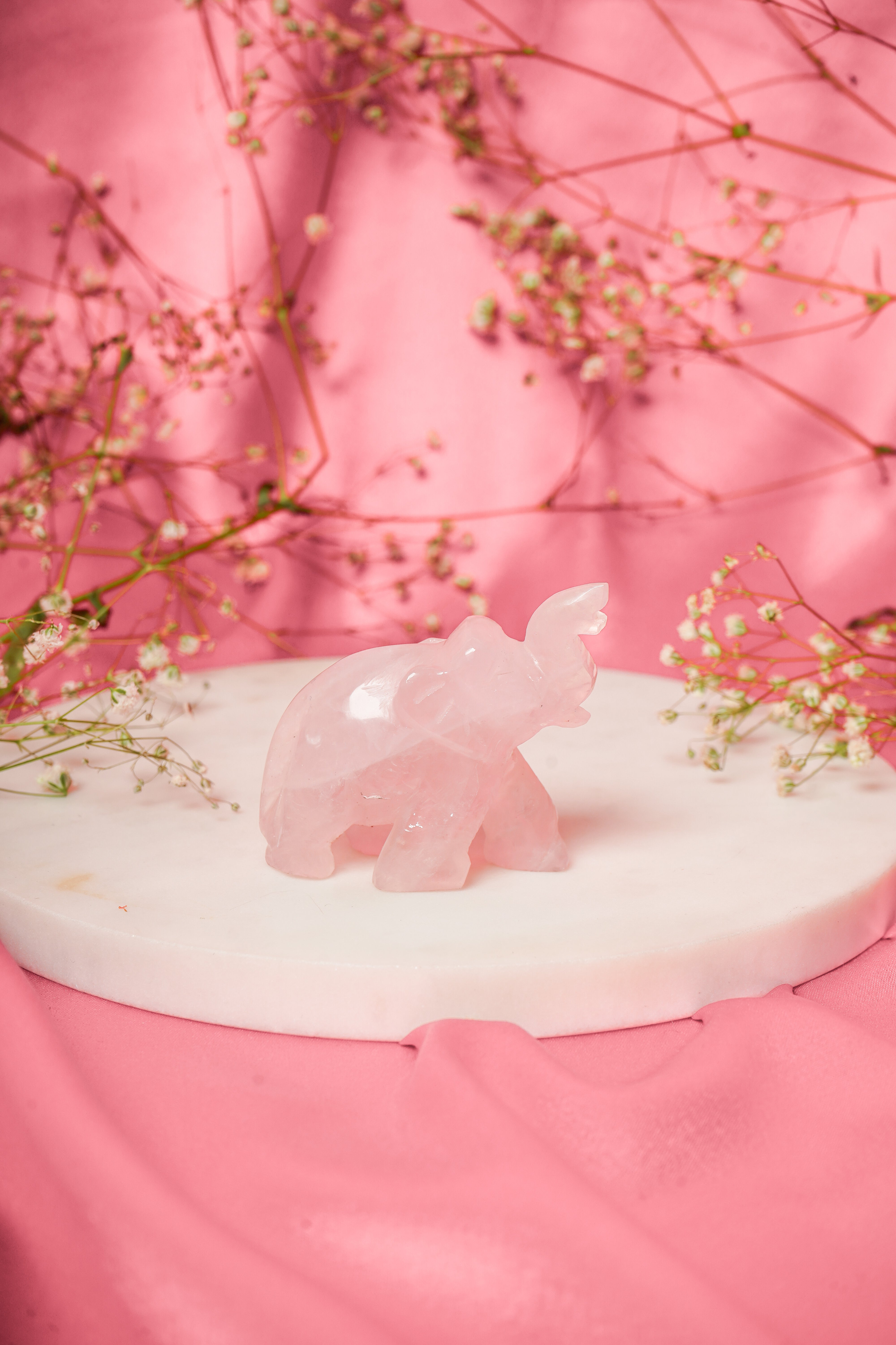 Natural rose quartz elephant figurine, polished gemstone sculpture from My Store, showcasing pink, smooth, and detailed elephant design.