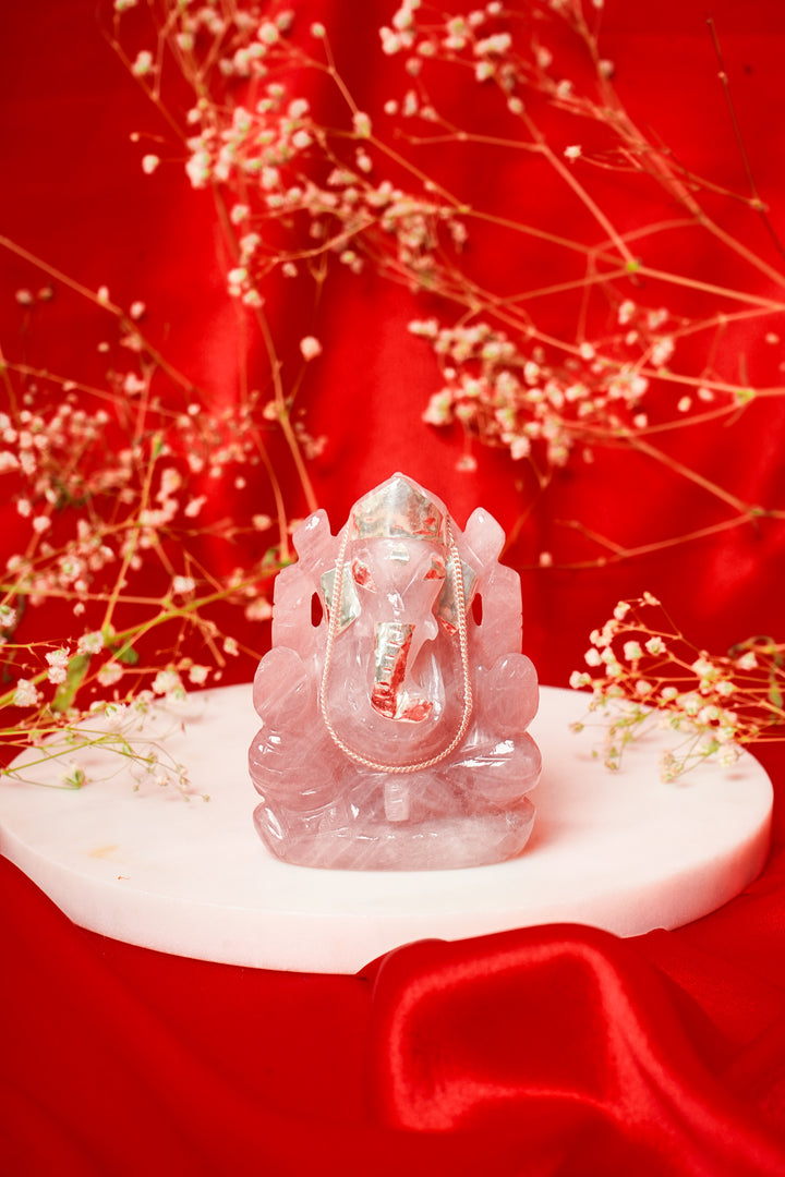 Natural Rose Quartz Ganesh ji (With Silver)