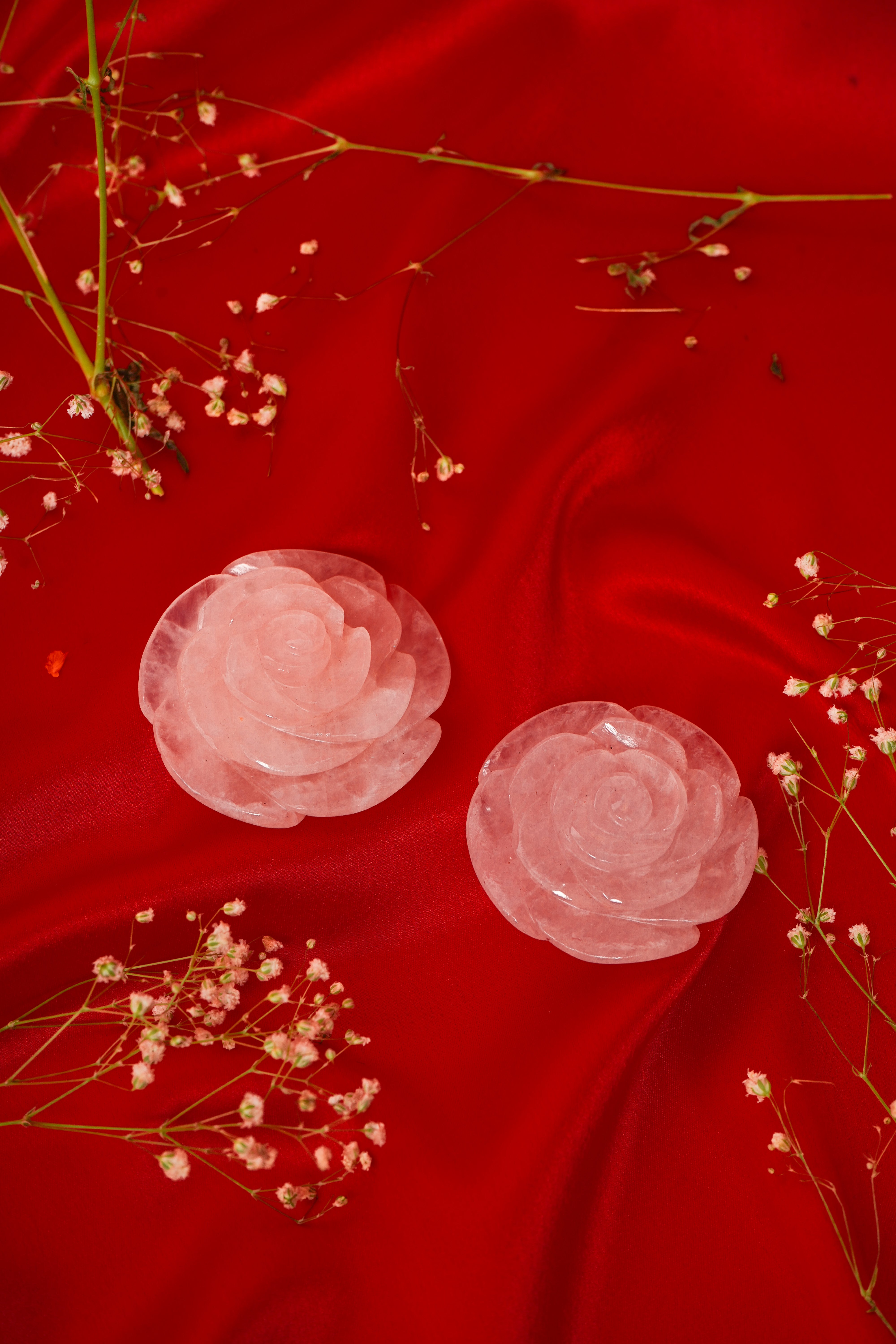 Pair of natural rose quartz rose flower crystals, pink gemstone decor from My Store, showcasing detailed petal texture and soft color.