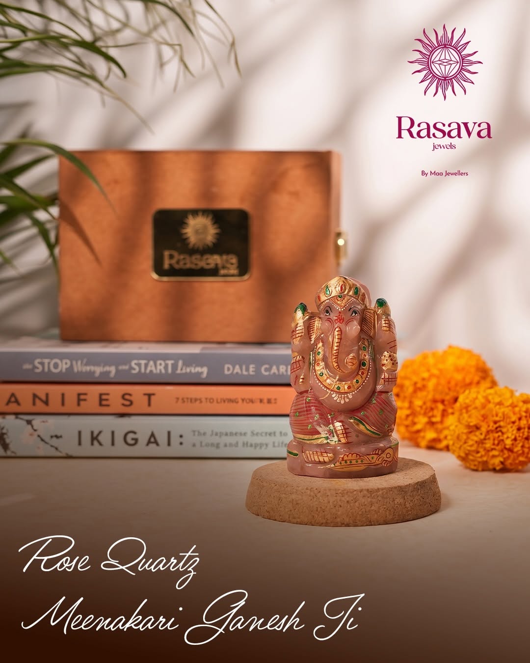 Natural Rose Quartz Meenakari Ganesh Ji