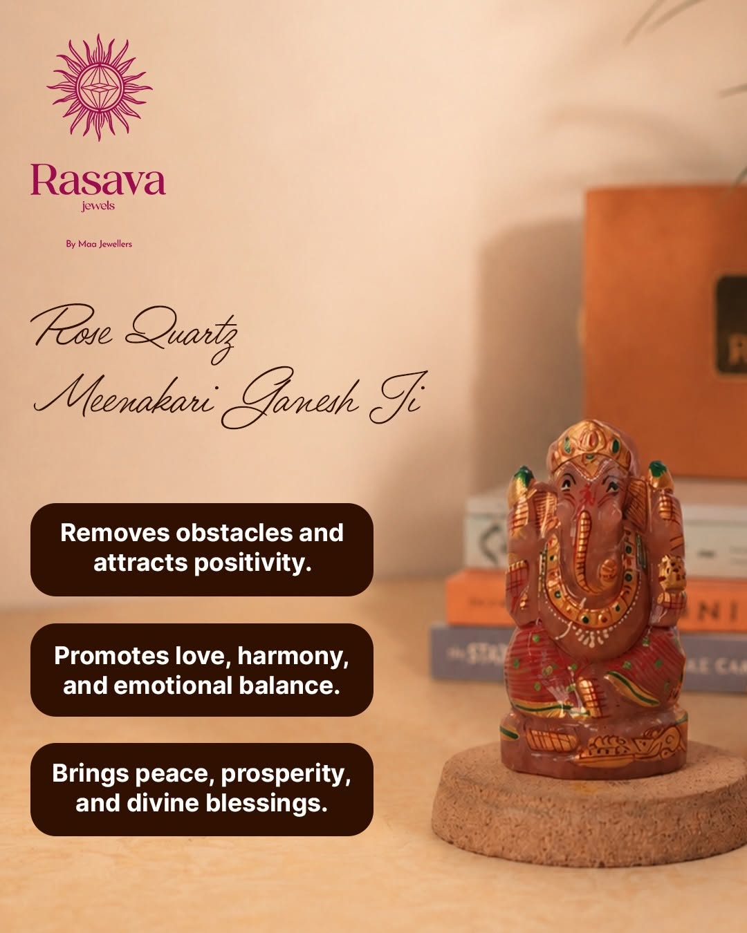 Natural Rose Quartz Meenakari Ganesh Ji